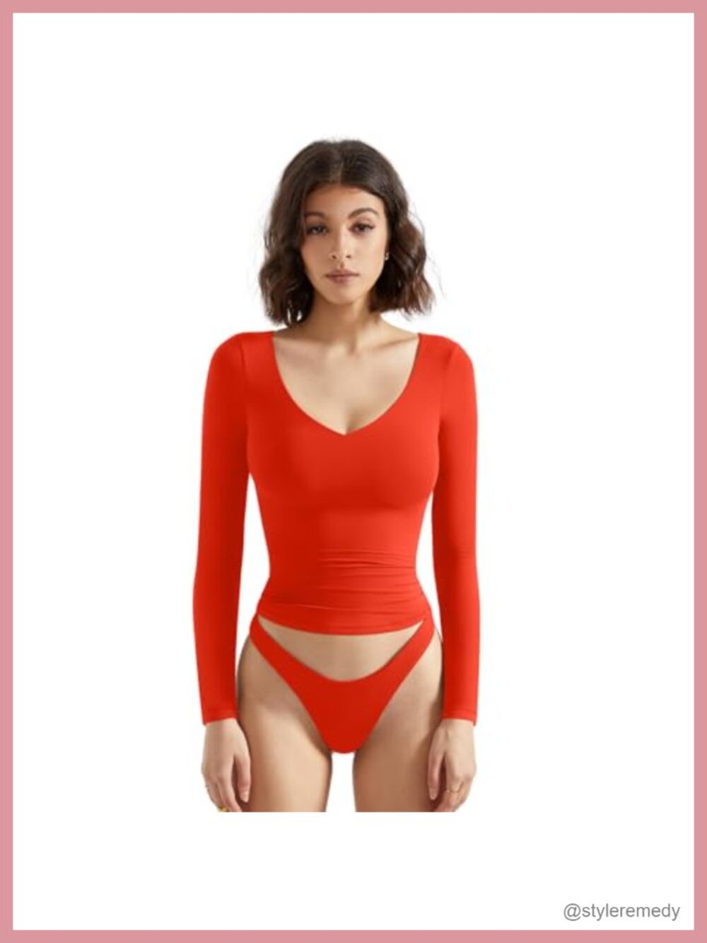 Double Lined V Neck Long Sleeve Crop Tank Top Stretchy Slim Fit Y2K Going Out